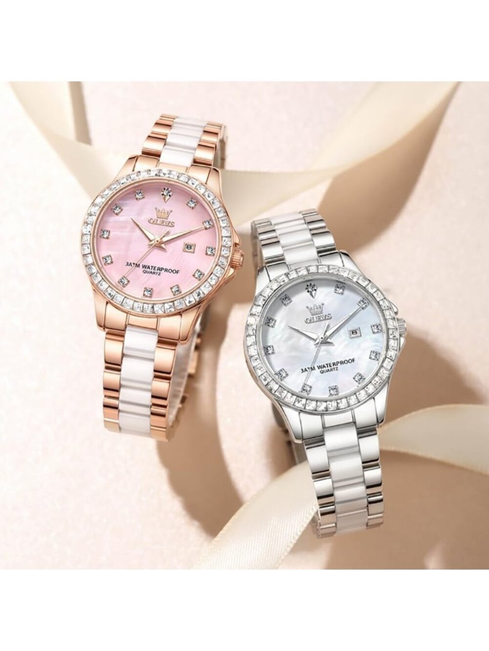 Women's Gold/Pink Ceramic and Stainless Steel Bracelet Mother of Pearl Watches - Picture 4 of 6